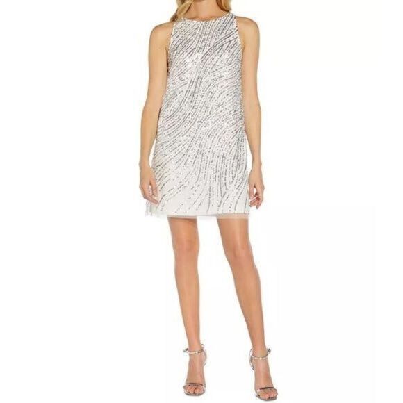 Adrianna Papell Women's Sz 14 Ivory Beaded Sequin Trapeze Lined Shift Dress - Picture 12 of 13